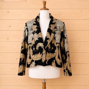 Teresa Crowninshield Sz 8 Cashmere Wool Blazer Gold Brocade Silk Lined  [A-1]